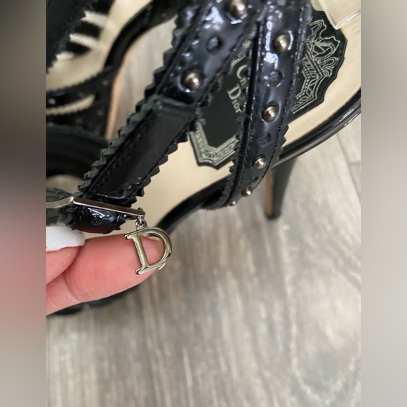 C. Dior Bonnie Black Leather Studded Open Toe Platform High Heels Size 38/ 7 - Picture 7 of 14